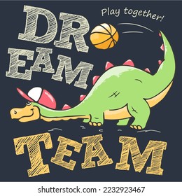 Art illustration. Dinosaur basketball  player cool playing with the ball. Fan t-shirt design. Vector print. Dinosaur character design. Fashion illustration for clothes