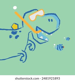 Art. illustration. Dinosaur . Fan t-shirt design. Vector print. Dinosaur character design. Cute dinosaur swimming underwater. Fashion illustration