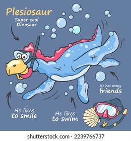 Art. illustration. Dinosaur plesiosaur. Fan t-shirt design. Vector print. Dinosaur character design. Cute dinosaur swimming underwater. Fashion illustration for clothes