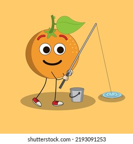 Art illustration Doodle Kawaii Fruits Symbol Character Orange Mascot Activity of Fishing
