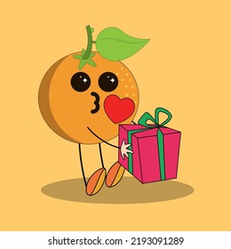 Art illustration Doodle Kawaii Fruits Symbol Character Orange Mascot Activity of Hold Box Gift