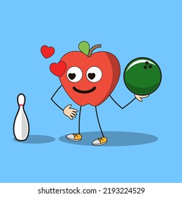 Art illustration Doodle Kawaii Fruits Symbol Character Apple Mascot Activity of Bowling