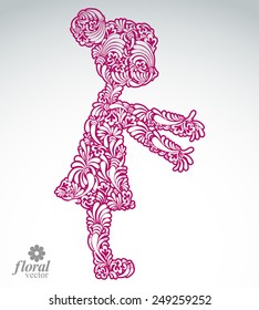 Art illustration of a girl stretching her hands. Cute teenage girl wearing a flower-patterned dress. Graphic vector stylized image of a schoolgirl.