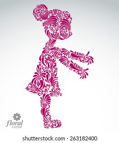 Art illustration of a girl stretching her hands. Cute teenage girl wearing a flower-patterned dress. Graphic vector stylized image of a schoolgirl.