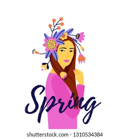 an art illustration of a girl with a wreath or crown of fantasy flowers; a symbol of spring; vector illustration