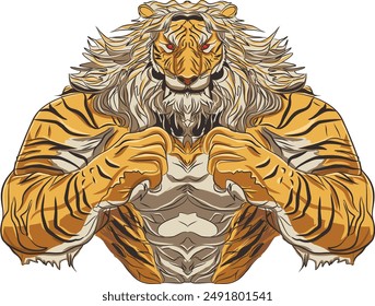 art illustration of a hairy tiger doing a stance preparing to fight