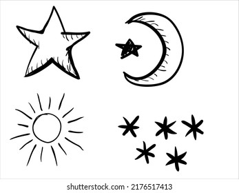 art illustration hand draw vector symbol icon of set star moon and sun
