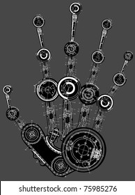 art illustration of human hand of many mechanisms