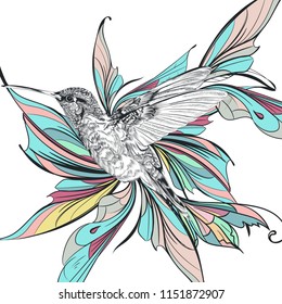 Art illustration with humming bird and colorful wings