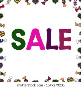 Art illustration of logotype for sale, give away, discount, sell out, clearance. Vector. Promotional design for banner on website, clothes store. Seamless. Pictures in white, green and purple colors.