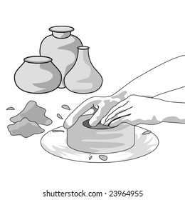ilustración artística: fabricando cacerolas de cerámica y tres hechas