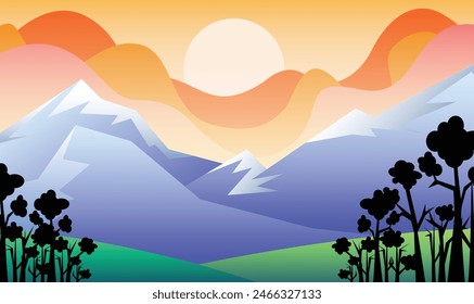 Art Illustration Nature landscape vector illustration with cartoon style. Beautiful spring landscape blue mountain, dawn skyline