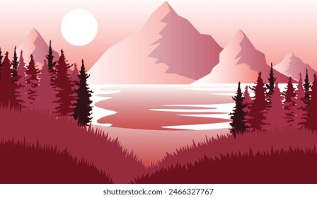 Art  Illustration Nature landscape vector illustration with cartoon style. Beautiful spring landscape red mountain