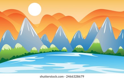 Art  Illustration Nature landscape vector illustration with cartoon style. Beautiful spring landscape blue mountain, dawn skyline