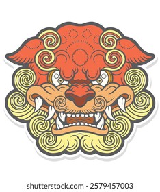 art illustration oriental foo dog head line art color vector