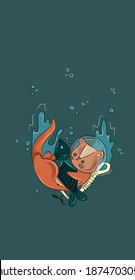 Art illustration otter swims in water with fish