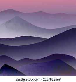 Art illustration with peaks of mountains in the fog at sunrise. Image for interior decoration, poster, social networks