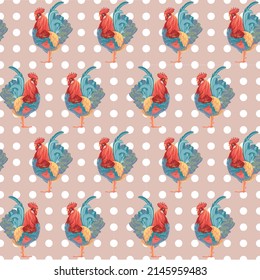 art illustration print pattern cockerel on polka dot background
