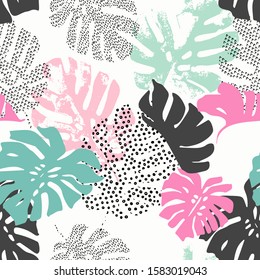 Art illustration: rough grunge tropical leaves filled with grunge texture, doodle elements background. Abstract monstera leaf in scandinavian colors, vector seamless pattern. Hand drawn summer design