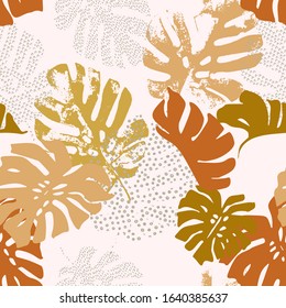 Art illustration: rough grunge tropical leaves filled with grunge texture, doodle elements background. Abstract monstera leaf in golden colors, vector seamless pattern. Hand drawn summer design