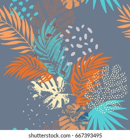 Art illustration: rough grunge tropical leaves filled with marble texture, doodle elements background. Abstract palm, monstera leaf, vector seamless pattern. Hand drawn design