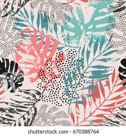 Art illustration: rough grunge tropical leaves filled with marble texture, doodle elements background. Abstract palm, monstera leaf in retro vintage colors, vector seamless pattern. Hand drawn design