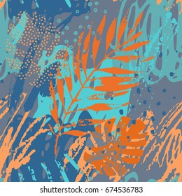 Art illustration: rough grunge tropical leaves filled with marble texture, doodle elements background. Abstract palm, monstera leaf, vector seamless pattern. Hand drawn design