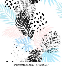 Art illustration: rough grunge tropical leaves filled with marble texture, doodle elements background. Abstract palm, monstera leaf in monochrome colors, vector seamless pattern. Hand drawn design