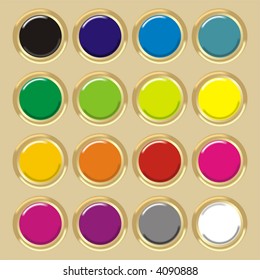 art illustration: round golden buttons with various colors