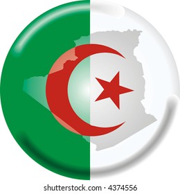 art illustration: round medal with map and flag of algeria