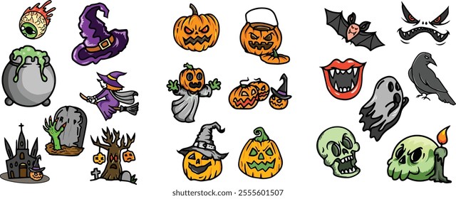 Art and Illustration Set Happy Halloween Day element background vector. Adorable halloween festival illustration elements for decoration, prints