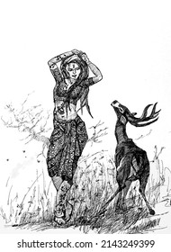 The Art illustration show the traditional culture of Indian Village. The girl is enjoying her mood and dear is seeing her without any fear and feels safe beside her. Illustration Art.