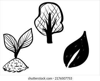 art illustration sketch abstract hand draw vector symbol icon of set of leaf and tree