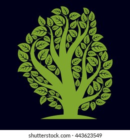 Art illustration of spring branchy tree, stylized ecology symbol. Graphic design vector image on season idea, environmental conservation idea.