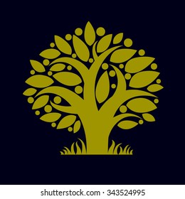 Art illustration of spring green tree with leaves, stylized ecology symbol. Graphic design vector image on season idea, environmental conservation theme