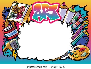 Art illustration with street graffiti letters, tags, words, street art, style, spray paint, emoji, fresh and colorful