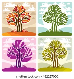 Art illustration of trees growing on beautiful meadow, stylized eco landscape with clouds. Vector botany element on season idea, spring time idyllic picture.