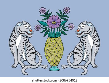 Art illustration of twin tigers with a pineapple ornamental flower vase. Modern Chinoiserie design, interior design. textile art, Lunar New year, emblem, and surface design template. 