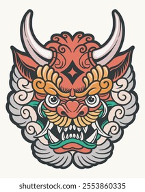 art illustration vector cartoon fodog foo doog head mythology japanese god creature character.