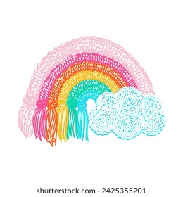 art illustration vector in crochet lines of colorful rainbow, clouds with white background