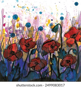 Art Illustration Vector floral illustration red poppies watercolor style. Hand drawn, not AI.