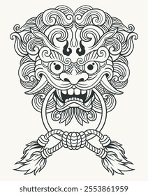 art illustration vector outline foo dog fodog head bit a ring mythical creature