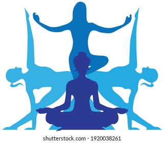 Art and Illustration of yoga pose. Four women in blue silhouette for practicing yoga relaxation and combination movements