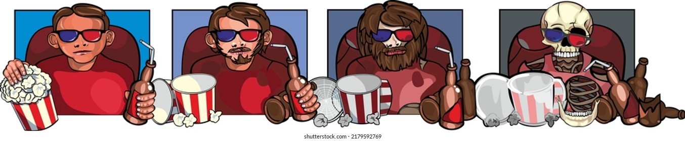 art illustration of young man in 3d glasses sitting at cinema theatre too long times - from begin to the death