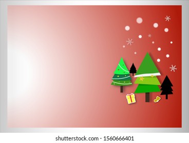 Art & Illustrationdesign and craft winter snowflake with green tree,yellow gift box on red background. Holiday nature and christmas tree.Merry Christmas card.