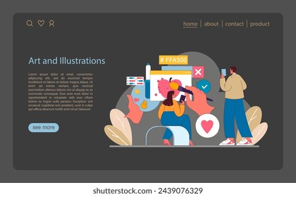 Art and Illustrations concept. Creative minds at work, painting vibrant stories digitally. Artists sharing creativity on social media. Inspiration through brush and pixel. Flat vector illustration.