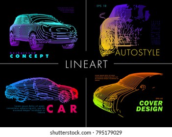 Art image of a auto. Vector car drawn by color lines. Minimal cover design. Creative line-art. Modern cars. Vector template brochures, flyers, presentations, leaflet, banners.