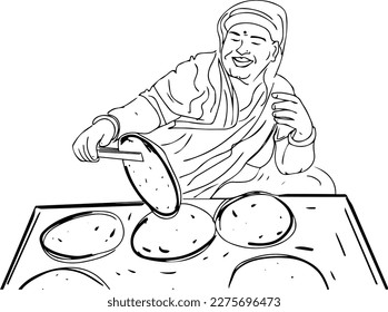 The Art of Indian Street Cooking: A Sketch Drawing of a Chapati Vendor, Line Art Vector of an Indian Woman Making Roti, "A Slice of Indian Street Life: Sketch Drawing of a Chapati Vendor in Action