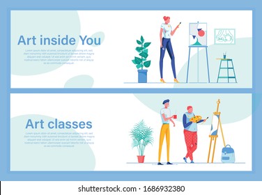 Art Inside You. Woman with Brush in front Easel Practicing Abstract Painting. Art Classes. Professor Wearing Beret, Giving Piece Advice to Young Student. Two Banner Set with Copy Space for Extra Text.