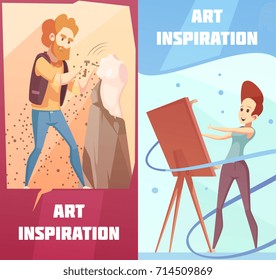 Art inspiration 2 vertical retro cartoon banners set with carving sculptor and painting artist isolated vector illustration  